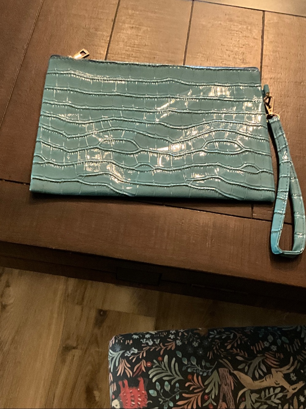 Glossy Croc-Embossed Wristlet Clutch - Teal Blue - Picture 2 of 5